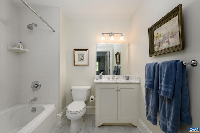 full bath featuring shower / bathtub combination, vanity, toilet, and baseboards