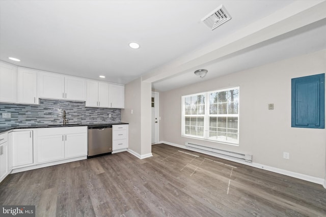 kitchen with visible vents, decorative backsplash, baseboard heating, stainless steel dishwasher, and a sink