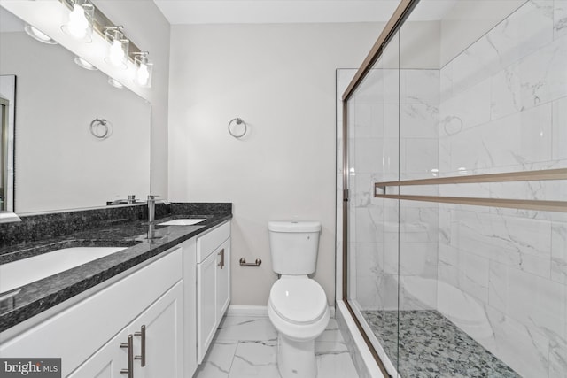 bathroom with a sink, toilet, marble finish floor, and a shower stall