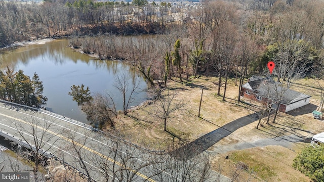 bird's eye view featuring a view of trees and a water view