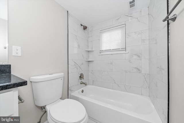 bathroom featuring washtub / shower combination, visible vents, toilet, and vanity