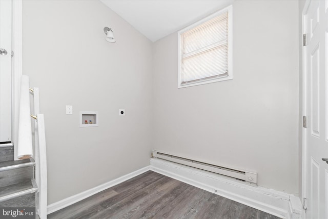 washroom featuring hookup for a washing machine, wood finished floors, baseboards, hookup for an electric dryer, and baseboard heating