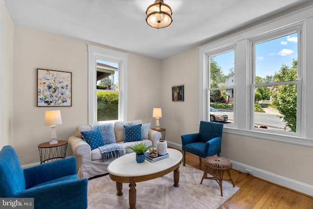living room with baseboards, a wealth of natural light, and wood finished floors