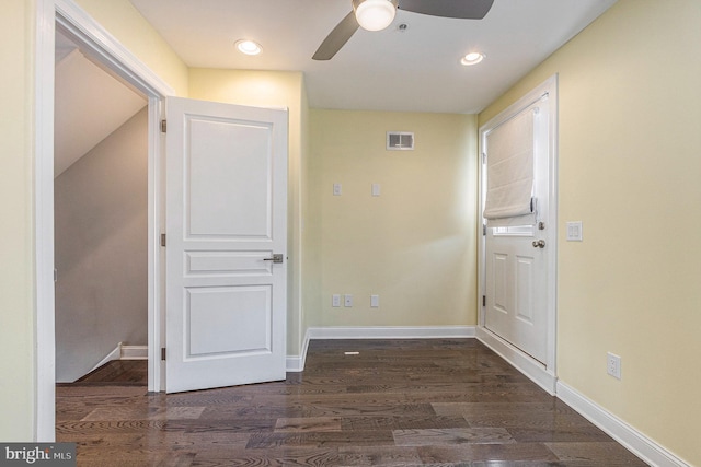 interior space with recessed lighting, visible vents, ceiling fan, wood finished floors, and baseboards