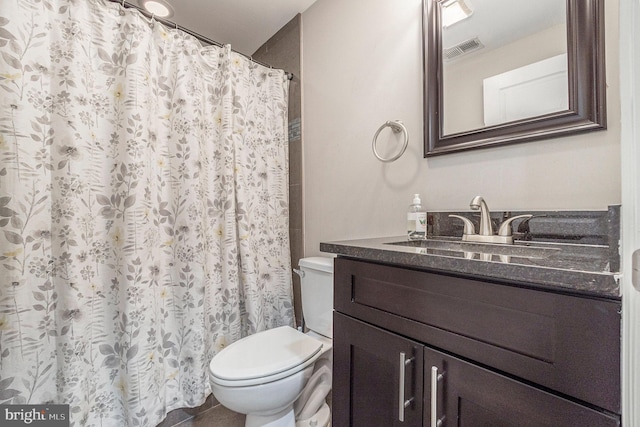 full bathroom with visible vents, toilet, a shower with curtain, tile patterned flooring, and vanity