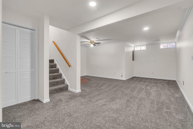 basement with carpet flooring, recessed lighting, stairway, and baseboards