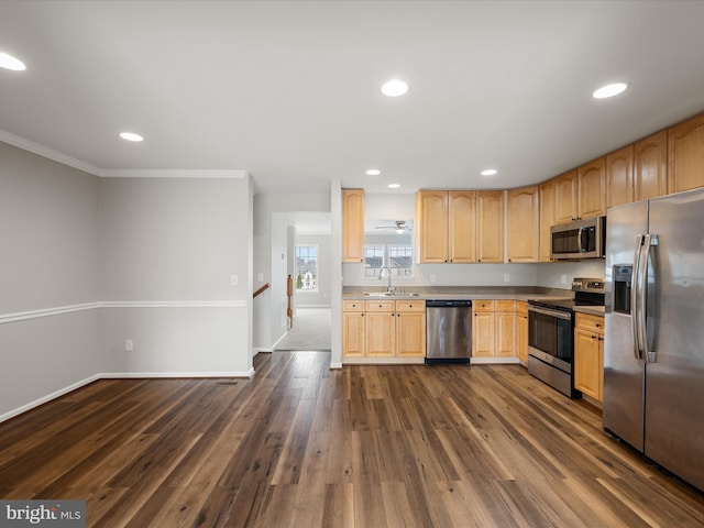 kitchen featuring a sink, appliances with stainless steel finishes, light brown cabinets, and dark wood finished floors