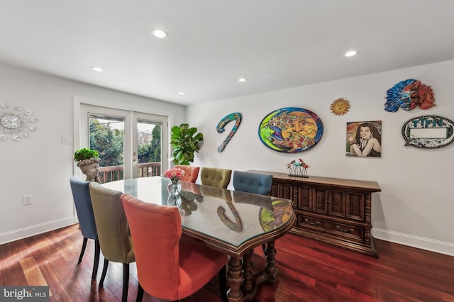 dining area featuring baseboards, dark wood-style flooring, and recessed lighting