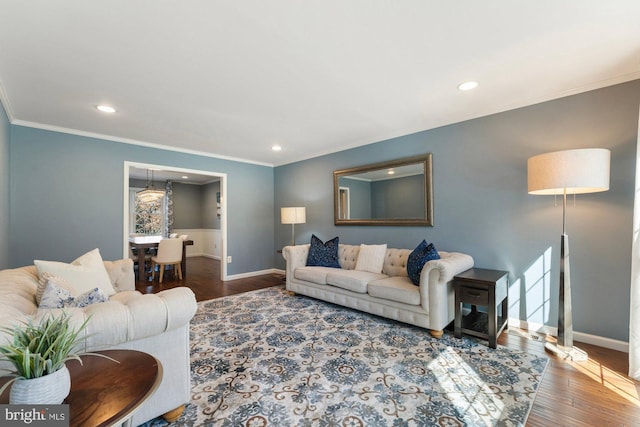 living room featuring baseboards, wood finished floors, and crown molding