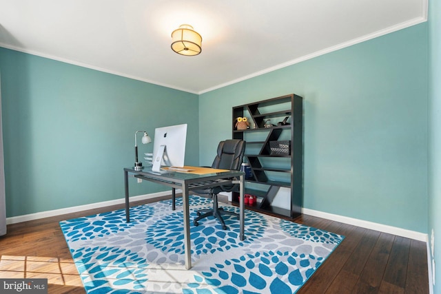 office with crown molding, hardwood / wood-style floors, and baseboards