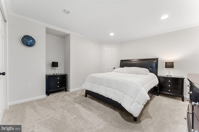 bedroom with recessed lighting, baseboards, ornamental molding, and light colored carpet