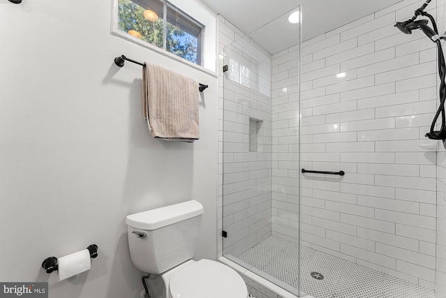 full bathroom featuring toilet and a shower stall