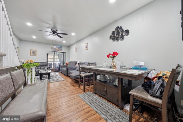 living area featuring ceiling fan, light wood-style flooring, and recessed lighting