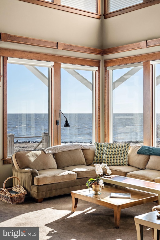 living room with a water view and a towering ceiling