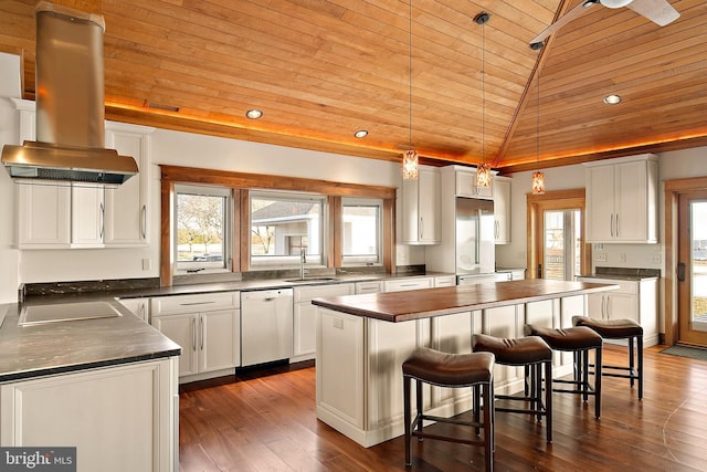 kitchen with wooden ceiling, electric cooktop, a sink, dishwasher, and island exhaust hood