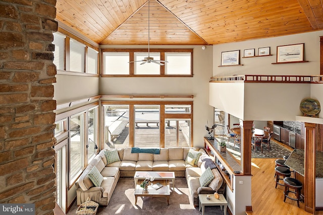 living area featuring wood ceiling, high vaulted ceiling, ceiling fan, and wood finished floors