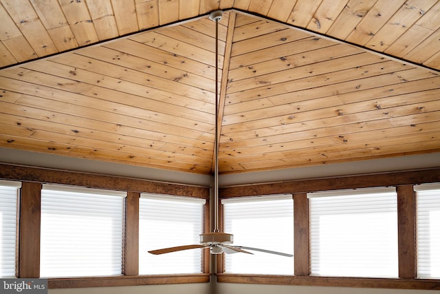 details featuring a ceiling fan and wood ceiling