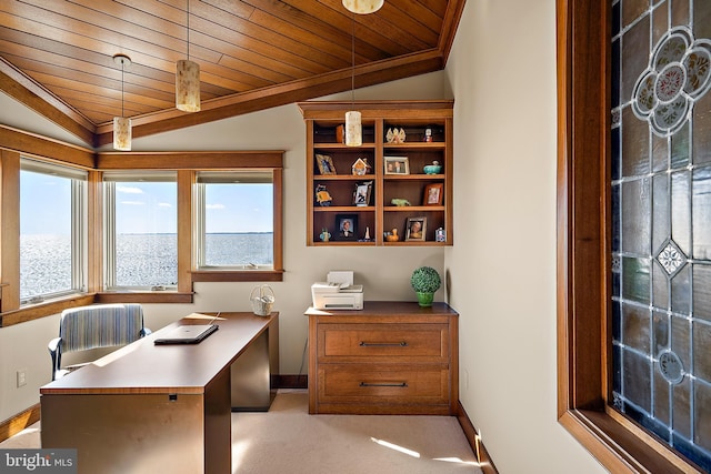 office area with lofted ceiling, wood ceiling, light carpet, and baseboards