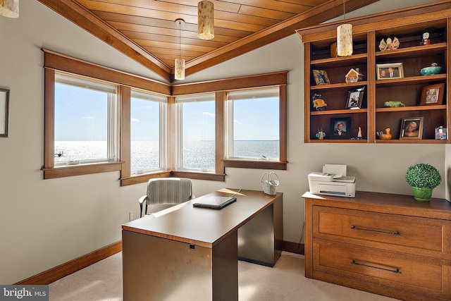 office area featuring lofted ceiling, light carpet, wood ceiling, and baseboards