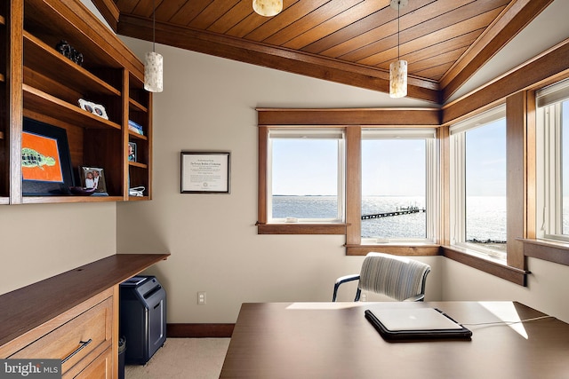 office featuring lofted ceiling, baseboards, wood ceiling, and a healthy amount of sunlight