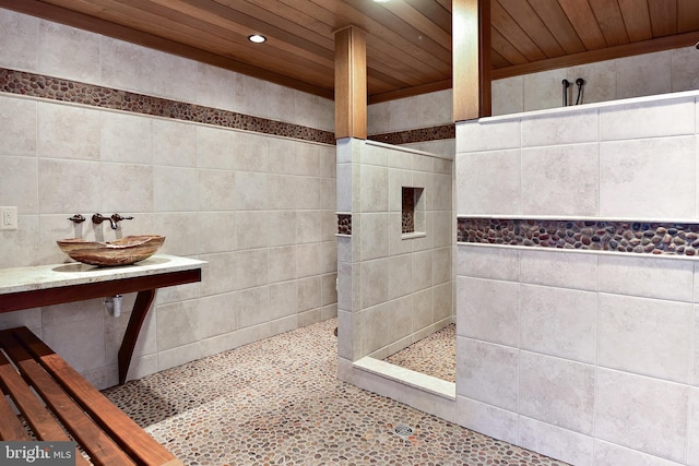 full bath with recessed lighting, wood ceiling, and walk in shower