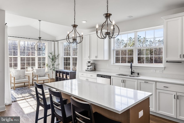 kitchen featuring dishwasher, a wealth of natural light, light countertops, and a sink