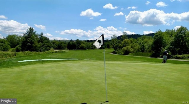 view of community with golf course view and a lawn