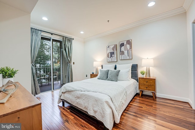 bedroom with access to exterior, wood-type flooring, crown molding, and baseboards