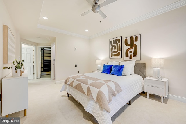 bedroom featuring recessed lighting, light carpet, crown molding, and baseboards