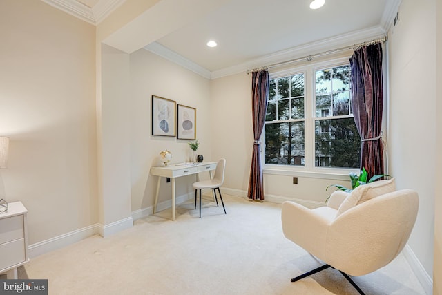 home office with baseboards, recessed lighting, carpet flooring, and crown molding