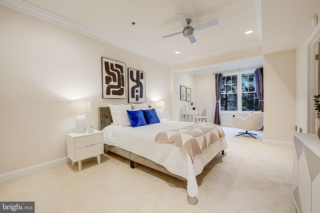 bedroom with ornamental molding, recessed lighting, light carpet, and baseboards