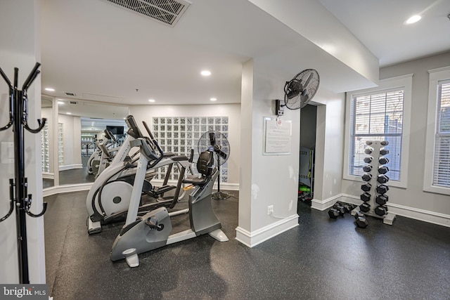 gym featuring visible vents, baseboards, and recessed lighting