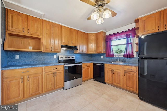 kitchen featuring black appliances, under cabinet range hood, open shelves, a sink, and tasteful backsplash