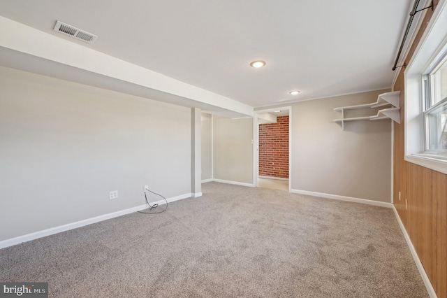 interior space with recessed lighting, visible vents, carpet flooring, and baseboards