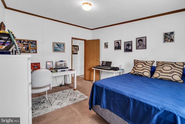 bedroom featuring carpet floors and crown molding