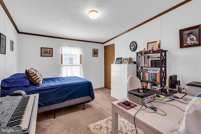 bedroom with ornamental molding and carpet