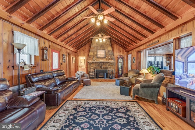 living room with vaulted ceiling with beams, wood walls, wooden ceiling, and wood finished floors