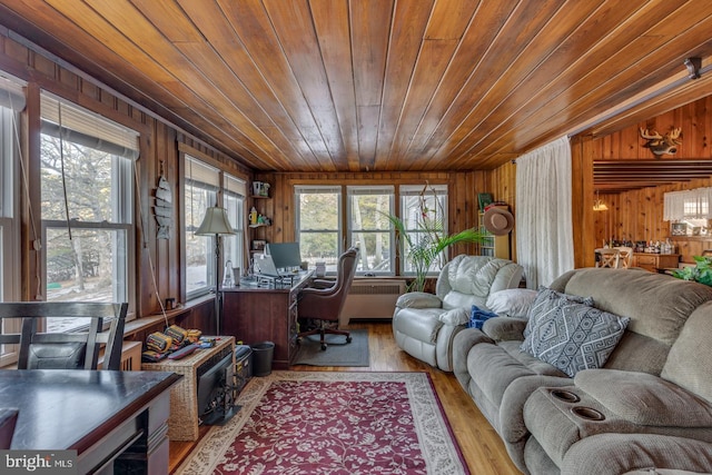 home office featuring radiator, wood walls, wood ceiling, and wood finished floors