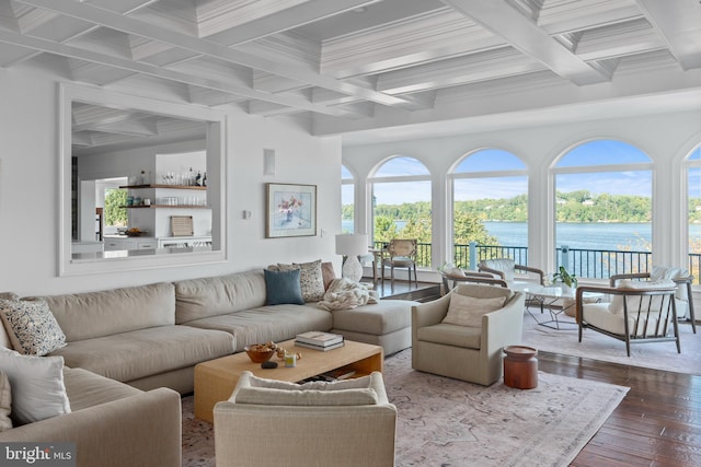 803 Coachway, Annapolis, MD 21401 - living area featuring beam ceiling, coffered ceiling, dark wood finished floors, and a water view