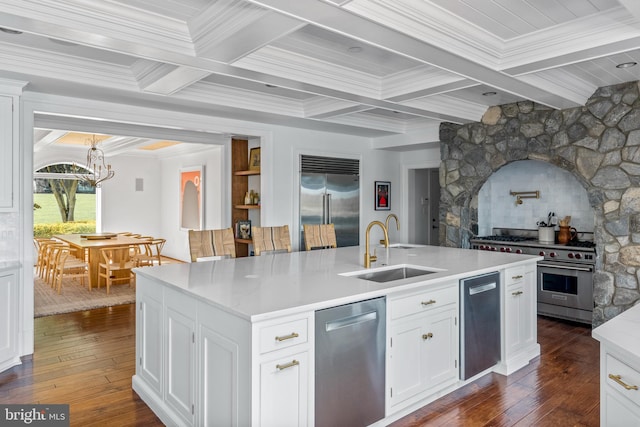 803 Coachway, Annapolis, MD 21401 - kitchen with a sink, high quality appliances, dark wood-style floors, and coffered ceiling