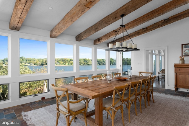 803 Coachway, Annapolis, MD 21401 - sunroom with beam ceiling, a water view, a chandelier, and stone tile flooring