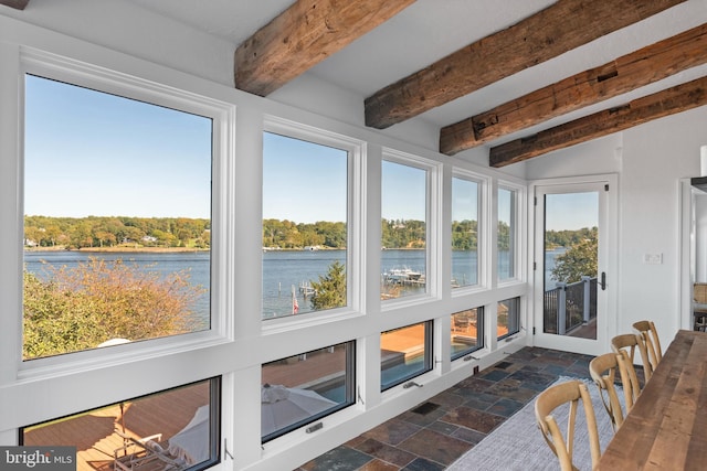 803 Coachway, Annapolis, MD 21401 - sunroom with a water view, plenty of natural light, beam ceiling, and stone tile flooring