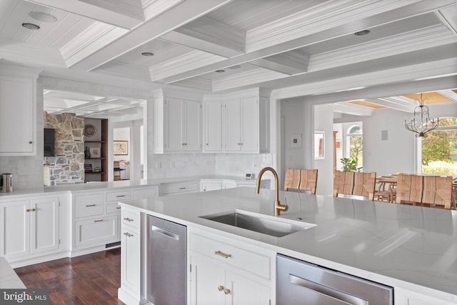 803 Coachway, Annapolis, MD 21401 - kitchen featuring a sink, beam ceiling, stainless steel dishwasher, and coffered ceiling