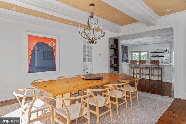 803 Coachway, Annapolis, MD 21401 - dining space featuring beam ceiling, recessed lighting, dark wood-style flooring, ornamental molding, and a notable chandelier