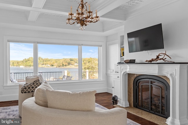 803 Coachway, Annapolis, MD 21401 - living area with baseboards, beamed ceiling, an inviting chandelier, dark wood-style floors, and coffered ceiling