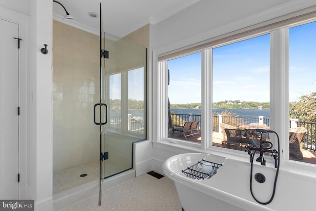 803 Coachway, Annapolis, MD 21401 - full bathroom featuring visible vents, a shower stall, baseboards, a water view, and a freestanding bath