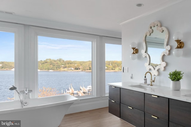 803 Coachway, Annapolis, MD 21401 - bathroom with vanity, wood finished floors, visible vents, a freestanding bath, and a water view