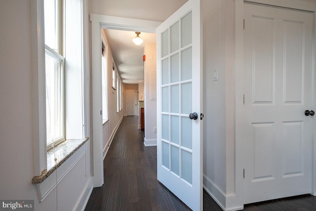 hallway featuring baseboards and dark wood-style flooring