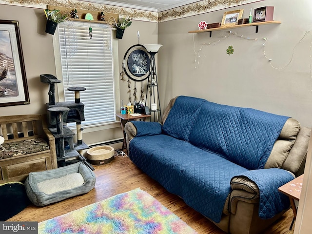 living area with ornamental molding and wood finished floors