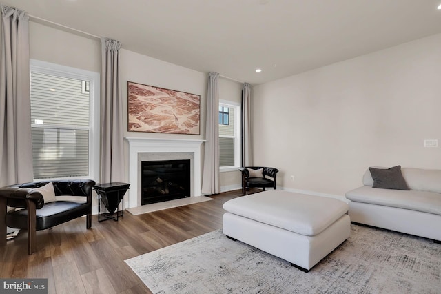 living room featuring recessed lighting, wood finished floors, baseboards, and a high end fireplace